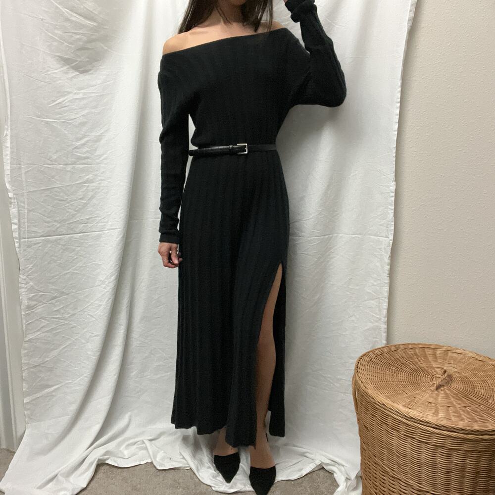 abercrombie & fitch black ribbed knit boatneck sweater maxi midi dress - Picture 4 of 7